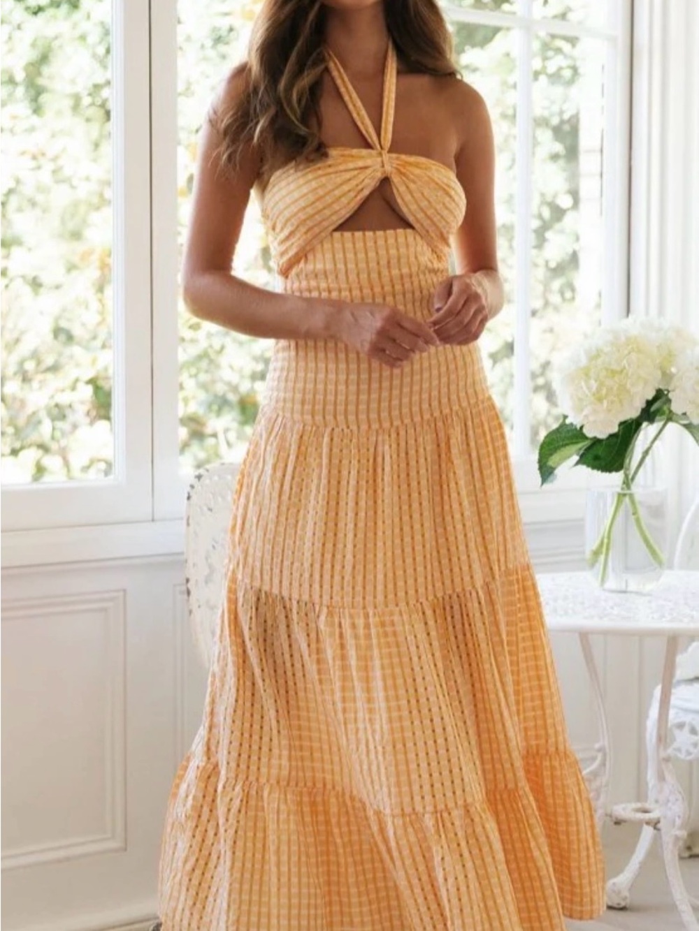 Gingham Women's Yellow Halter Maxi Dress with Twist Front